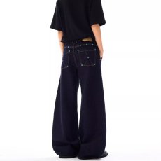 批发深蓝色美式阔腿牛仔裤女春<b class='q'>秋</b>新款高腰宽松百搭慵懒垂感直筒拖地裤