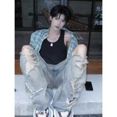 批发美式高街废土做旧复古水洗破洞<b class='q'>牛仔裤</b><b class='q'>男</b>直筒阔腿小众设计感乞丐裤