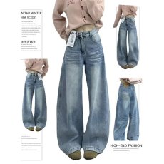 批发大码胖mm复古阔腿牛仔裤女春<b class='q'>秋</b>新款梨形显瘦宽松垂感慵懒拖地裤子