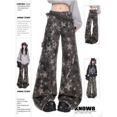 批发美式微喇迷彩工装<b class='q'>牛仔裤</b>春新款<b class='q'>男</b>女高腰宽松百搭时尚阔腿拖地裤