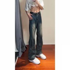 批发黑色拼接美式工装牛仔裤男款美式hiphop裤子高街显瘦提档微喇叭裤