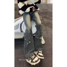 批发微喇拼接美式工装牛仔裤男款美式hiphop裤子高街显瘦提档微喇叭裤