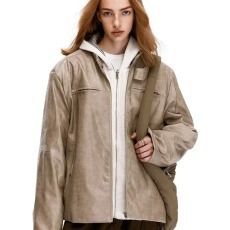 批发美式复古<b class='q'>皮衣</b>外套男女春季潮牌宽松设计痞帅工装夹克<b class='q'>机车</b>有垫肩