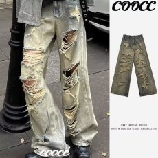 批发青少年破洞<b class='q'>牛仔裤</b><b class='q'>男</b>高级感痞帅cleanfit废土风裤子美式高街微喇裤