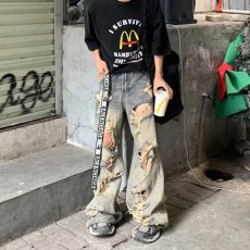 批发废土风做旧破洞<b class='q'>牛仔裤</b><b class='q'>男</b>美式高街vibe街头痞帅宽松直筒阔腿乞丐裤