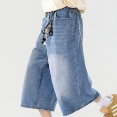 批发日系复古水洗做旧宽松牛仔阔腿七分裤夏季直筒中裤男女短裤