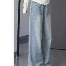 批发美式复古阔腿牛仔裤女春<b class='q'>秋</b>大码胖mm宽松显瘦梨型身材直筒裤子