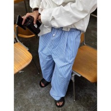 批发<b class='q'>韩版</b>小众垂感蓝色条纹休闲裤男女薄款速干冰丝慵懒风宽松直筒长裤