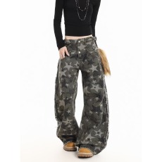 批发美式复古迷彩<b class='q'>牛仔裤</b><b class='q'>男</b>女春季宽松阔腿裤休闲百搭拖地裤直筒长裤