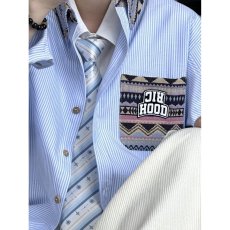 批发美式复古条纹<b class='q'>衬衫</b>秋季新款宽松百搭长袖设计感小众民族风上衣潮