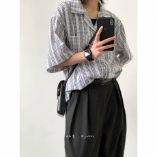 批发夏天日系古巴领小格子<b class='q'>衬衫</b><b class='q'>男</b>女生学院风<b class='q'>短袖</b>小清新休闲宽松<b class='q'>衬衣</b>潮