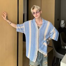 批发美式蓝白撞色针织<b class='q'>衬衫</b><b class='q'>短袖</b><b class='q'>男</b>生夏季薄款镂空开衫复古翻领情侣<b class='q'>衬衣</b>