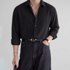 批发davidme肌理感黑色条纹长袖<b class='q'>衬衫</b>男款春秋美式老钱风垂感免烫<b class='q'>衬衣</b>