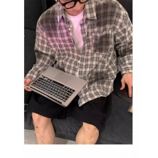 批发美式格纹衬衫女夏季脏染格子衬衣<b class='q'>男</b>友风外套oversize宽松情侣上衣