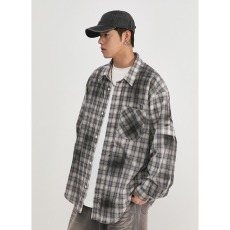 批发美式格纹衬衫女夏季脏染格子衬衣<b class='q'>男</b>友风外套oversize宽松情侣上衣