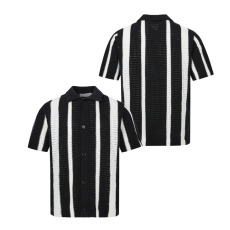 批发国潮牌情侣美式<b class='q'>条纹</b>编织翻领罩衫女男夏季宽松短袖衬衫<b class='q'>针织衫</b>