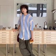 批发2025夏季新款撞色条纹镂空设计短袖衬衫宽松高级感时尚潮牌上衣<b class='q'>男</b>