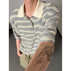 批发美式复古条纹polo衫短袖新款日系气质百搭时尚潮流简约文艺