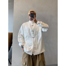 批发新中式金属盘扣<b class='q'>设计</b>感衬衣男女春秋季竹叶刺绣长袖衬衫飞机扣上衣