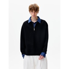 批发灰色假两件衬衫领卫衣<b class='q'>男</b>春季正肩翻领长袖<b class='q'>t</b><b class='q'>恤</b>少年感半拉链polo衫