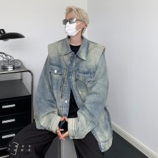 批发美式复古重工水洗直角垫肩牛仔夹克<b class='q'>外套</b>男女春季新款高级感上衣潮