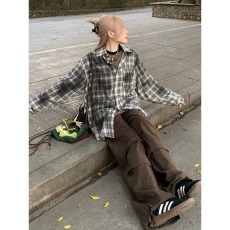 批发美式格纹衬衫女夏季脏染格子衬衣<b class='q'>男</b>友风外套oversize宽松情侣上衣