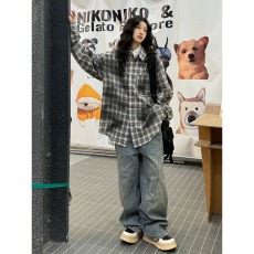 批发美式格纹衬衫女夏季脏染格子衬衣<b class='q'>男</b>友风外套oversize宽松情侣上衣