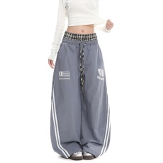 批发美式复古休闲格子拼接抽绳阔腿裤春<b class='q'>秋</b>街头运动风字母印花宽松裤