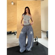 批发美式复古休闲格子拼接抽绳阔腿裤春<b class='q'>秋</b>街头运动风字母印花宽松裤