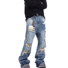 批发美式复古宽松<b class='q'>直筒</b>破洞补丁<b class='q'>牛仔裤</b>男青年潮流乞丐裤夏季款休闲裤子