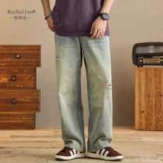 批发春秋季美式休闲痞帅水洗复古怀旧<b class='q'>牛仔裤</b>男<b class='q'>直筒</b>宽松高街阔腿裤子潮