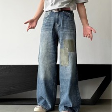 批发【贴布牛仔】<b class='q'>直筒</b>宽松水洗拼接cleanfit高级复古休闲<b class='q'>牛仔裤</b>