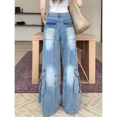 批发美式高街做旧多口袋工装牛仔裤<b class='q'>女</b>2026新款宽松扎染垂感阔腿拖地裤