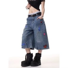 批发趣味刺绣牛仔七分裤<b class='q'>女</b>夏季做旧水洗宽松<b class='q'>直筒</b>休闲百搭短裤