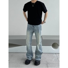 批发美式高街cleanfit水洗蓝色<b class='q'>牛仔裤</b>男<b class='q'>直筒</b>宽松微喇长裤vibe风裤子潮