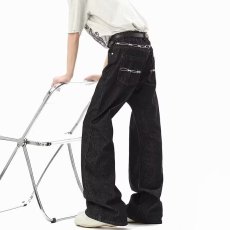 批发美式复古百搭<b class='q'>直筒</b><b class='q'>牛仔裤</b>男<b class='q'>女</b>捏褶缝线微喇宽松垂感休闲原牛长裤