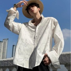 批发日系复古高级感立体镂空长袖衬衫男早春季<b class='q'>设计</b>感痞帅刺绣衬衣外套