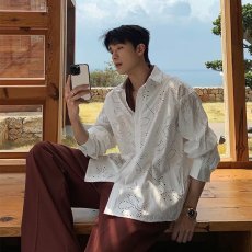 批发日系复古高级感立体镂空长袖衬衫男早春季<b class='q'>设计</b>感痞帅刺绣衬衣外套