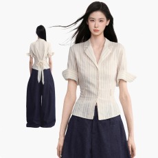 批发IFSAWX淡黄色条纹短袖衬衫女夏夏季<b class='q'>设计</b>感修身收腰衬衣短款上衣