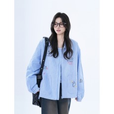 批发美式复古卡通印花蓝色格子夹克外套女<b class='q'>设计</b>感宽松潮牌