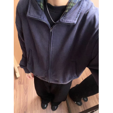 批发假两件连帽开衫卫衣男春秋季美式覆古vintage格纹拼接设计感<b class='q'>外套</b>