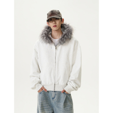 批发MaxDstr 美式复古毛领拉链开衫连帽卫衣男女短款cleanfit纯色<b class='q'>外套</b>