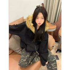 批发毛领连帽<b class='q'>卫衣</b>外套女春秋季薄款小众高级感黑色美式复古<b class='q'>开衫</b>上衣潮