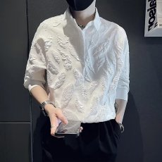 批发高级感提花衬衫男士短袖潮牌痞帅衬衣2025新款夏季七分袖<b class='q'>蝙蝠</b>衫潮