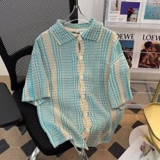 批发美式痞帅撞色镂空短袖衬衫男夏季潮牌宽松翻领薄款针织衫开衫<b class='q'>外套</b>