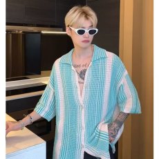 批发慵懒风镂空针织开衫男撞色条纹宽松短袖外套丝光棉冰丝工装衬衫潮