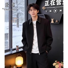 批发黑色美式cleanfit垫肩<b class='q'>外套</b>男春季短款痞帅高级感铆钉正肩西装夹克