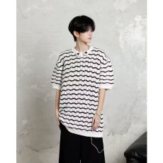 批发重磅<b class='q'>潮流</b>短袖圆领T恤上衣服男女夏季白色条纹缕空打底针织衫薄款