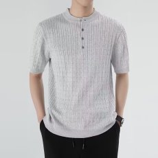批发2025新款夏季<b class='q'>男装</b>潮牌美式休闲亨利领<b class='q'>针织衫</b>麻花纹理修身短袖上衣