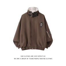 批发美式复古棕色十字架贴布夹克男女cleanfit设计感宽松百搭情侣<b class='q'>外套</b>